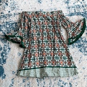 Off the shoulder, “flower child” dress